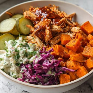 Bbq Chicken Bowls With Sweet Potatoes, Coleslaw, And Pickles