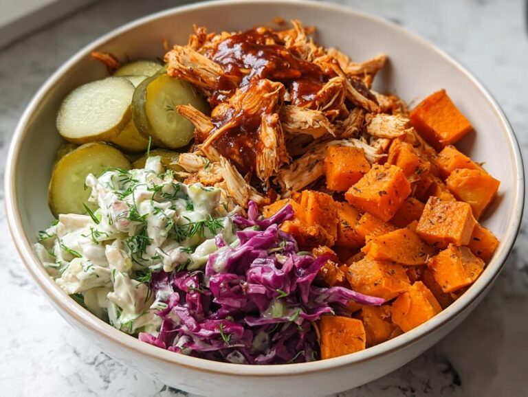 Bbq Chicken Bowls With Sweet Potatoes, Coleslaw, And Pickles