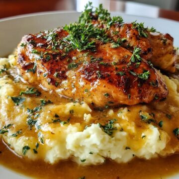 Chicken And Garlic Gravy With Cheesy Mashed Potatoes