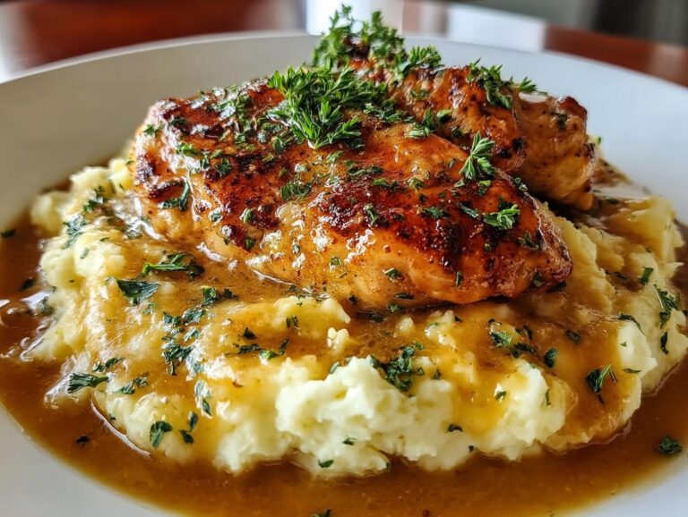 Chicken And Garlic Gravy With Cheesy Mashed Potatoes