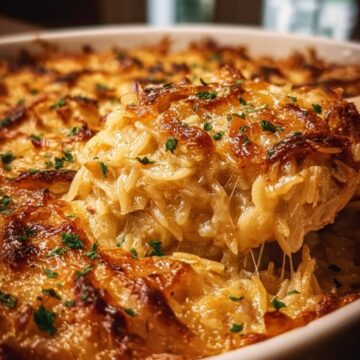 French Onion Chicken Orzo Casserole