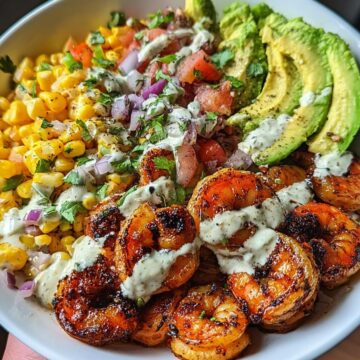Grilled Shrimp Bowl With Avocado, Corn Salsa &Amp; Creamy Garlic Sauce