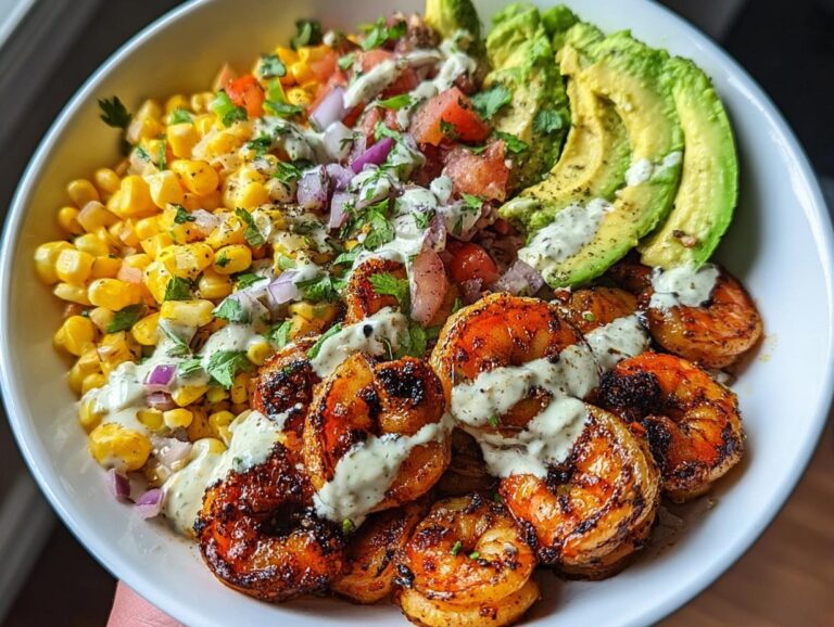 Grilled Shrimp Bowl With Avocado, Corn Salsa &Amp; Creamy Garlic Sauce