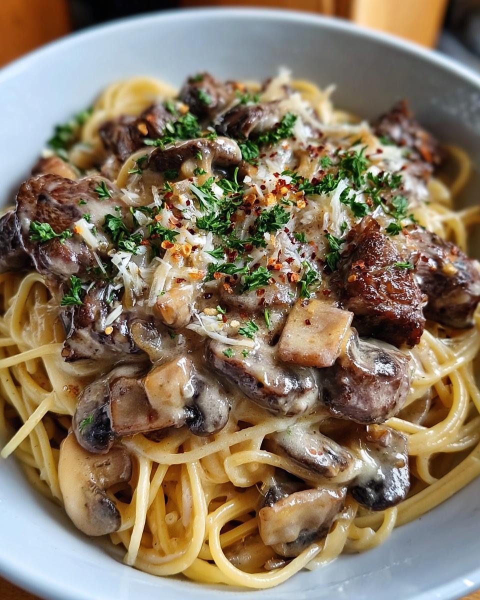Steak Spaghetti With Mushrooms And Onions In Cream Sauce - Detail 1