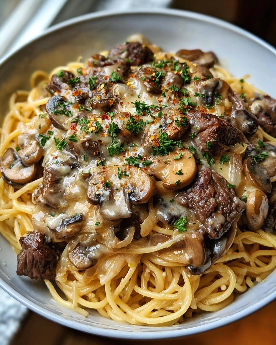 Steak Spaghetti With Mushrooms And Onions In Cream Sauce - Detail 2