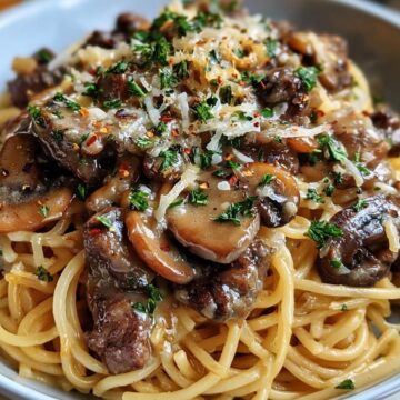 Steak Spaghetti With Mushrooms And Onions In Cream Sauce