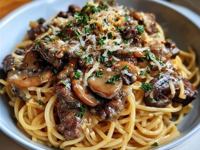 Steak Spaghetti With Mushrooms And Onions In Cream Sauce