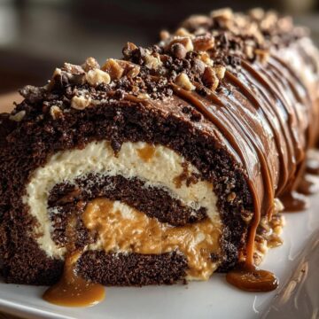 Turtle Caramel Chocolate Cake Roll